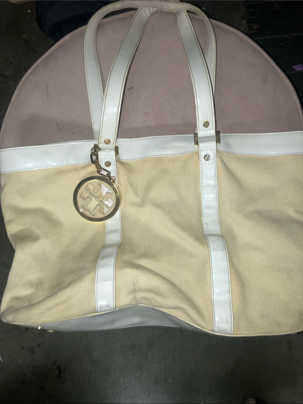 Tory Burch Canvas Tote Bag with White Trim and Gold Accent